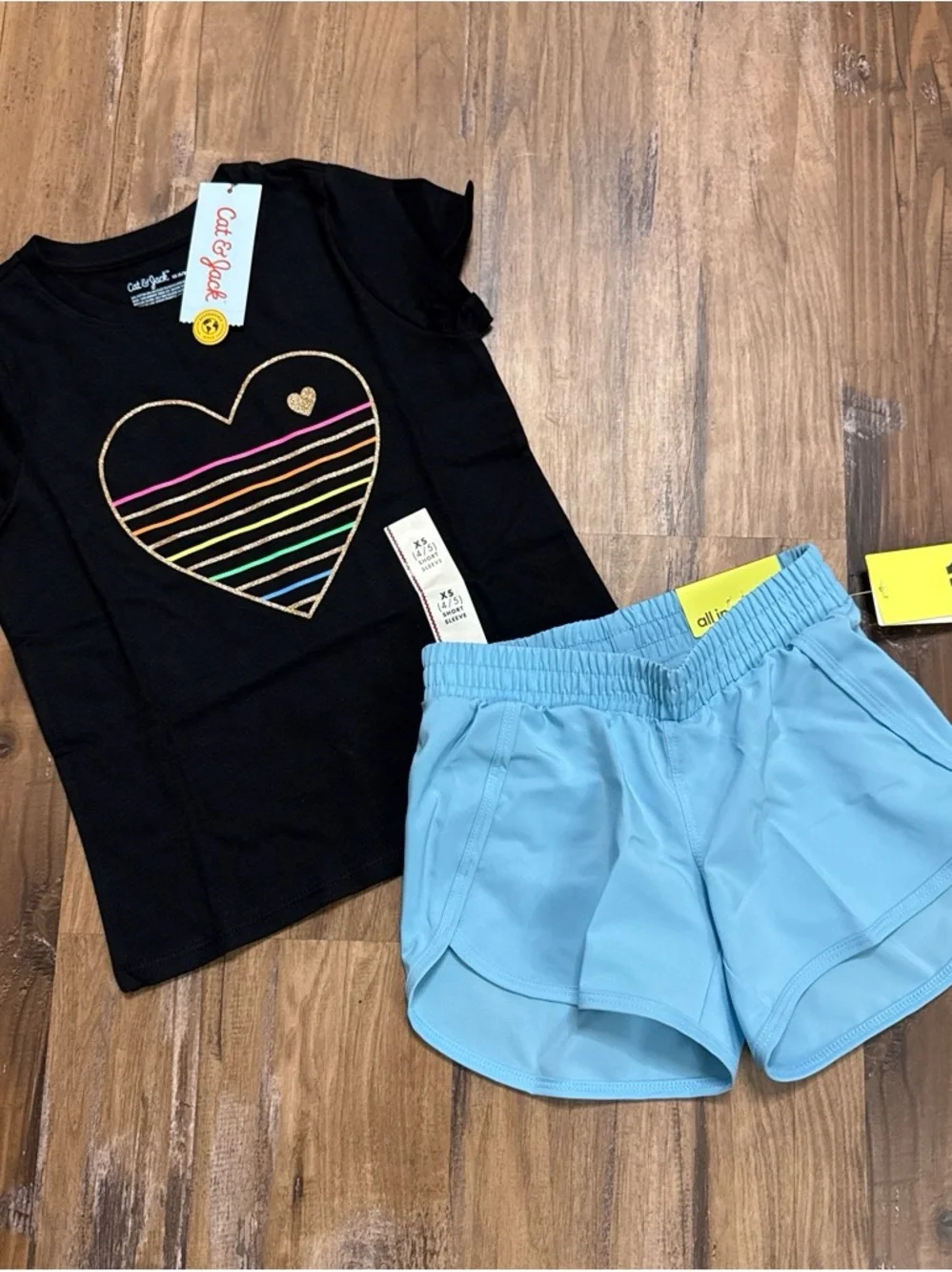 Cat & Jack Black Heart Stripe Tee with Light Blue Shorts